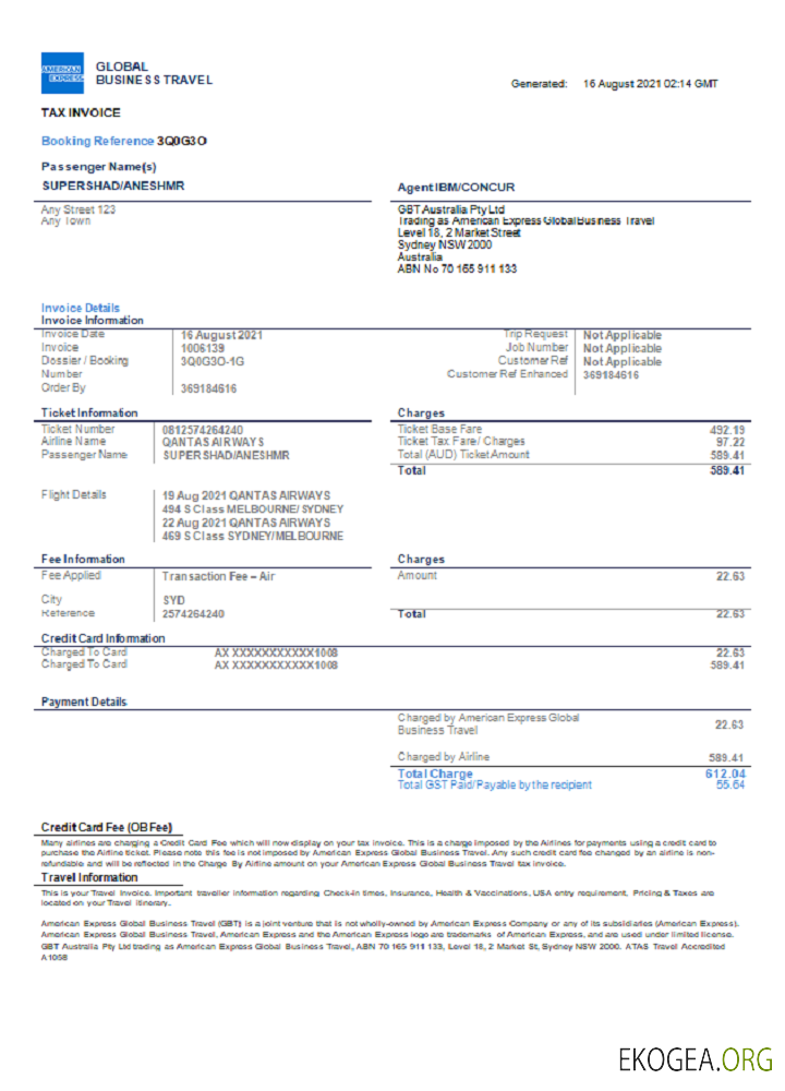 Facture American Express aux États , Unis